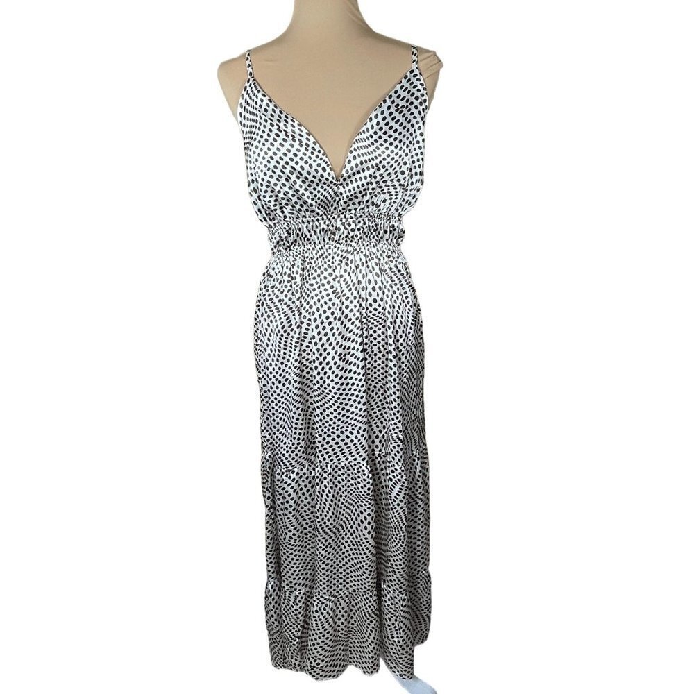 Indulge Maxi Dress Brown and Cream Dot V-Neck Open Back Size L Large
